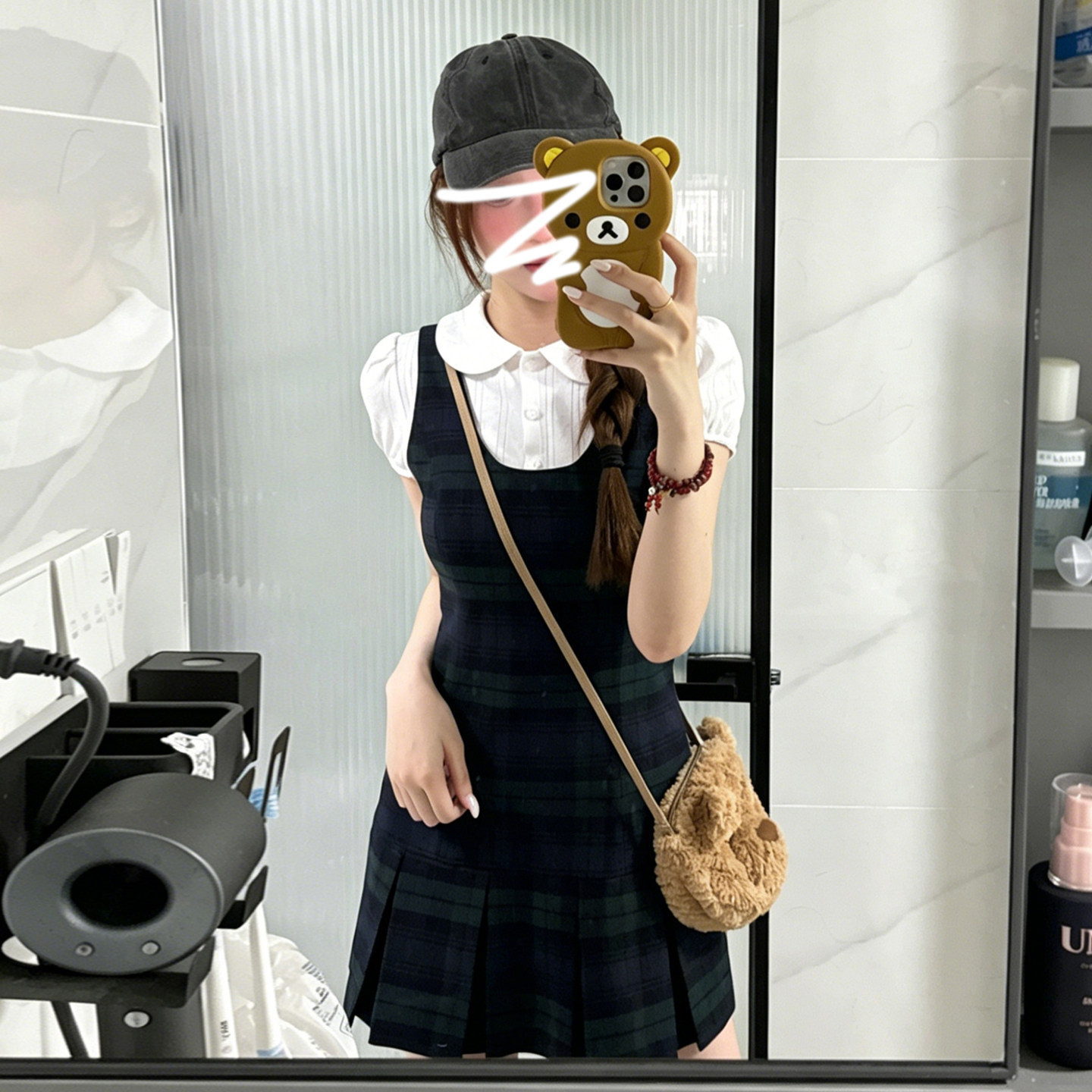 学院风独特漂亮套装女夏季娃娃领上衣格纹连衣裙修身穿搭一整套