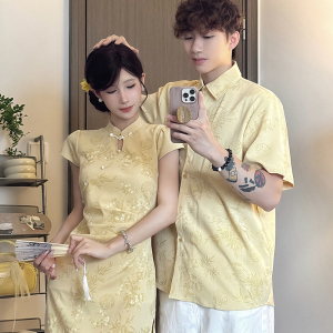 实拍小个子新款温柔文艺女改良旗袍国风立领气质绣花连衣裙情侣装