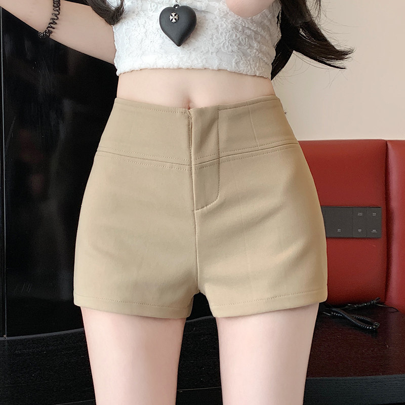 实拍美式休闲丝袜女夏季高腰紧身弹力裤子卡其色辣妹a字包臀热裤