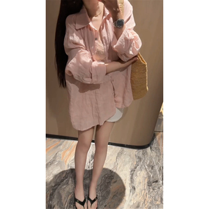 韩系漂亮粉色防晒长袖衬衫外套女夏季宽松慵懒风外搭薄款开衫上衣