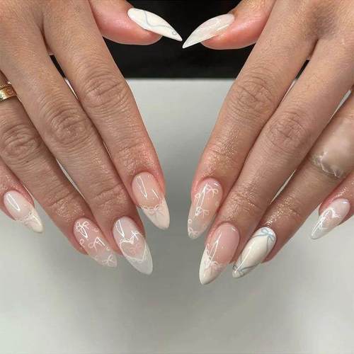 24Pcs Cute Pink Fake Nails Long Almond Press on Nails with B