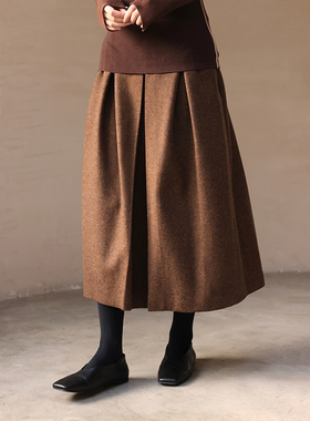 Seams Sense｜秋冬简约复古A字松紧腰纯羊毛呢半身长裙17035