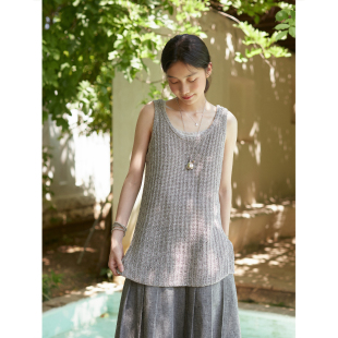 Seams Sense｜杂花灰双股色纱大U领宽松休闲叠搭针织长背心17152