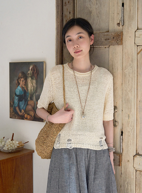 Seams Sense｜文艺简约通勤破洞设计圆领针织短袖T恤上衣17151