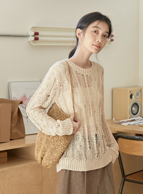 Seams Sense｜慵懒度假感缎带纱镂空绞花针织套头长袖罩衫17137