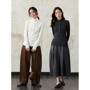 上衣17108 女长袖 Seams Sense｜简约带纽扣半高领亨利领针织打底衫