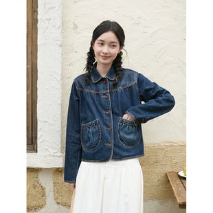 Seams Sense｜复古休闲日杂感翻领抽褶丹宁短夹克外套17192