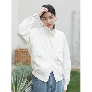 Seams Sense｜宽松简约本白立领拼接抽褶双开拉链夹克短外套01007