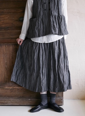 Seams Sense｜文艺复古灰金属丝褶皱感高腰A字碎褶半身长裙01009