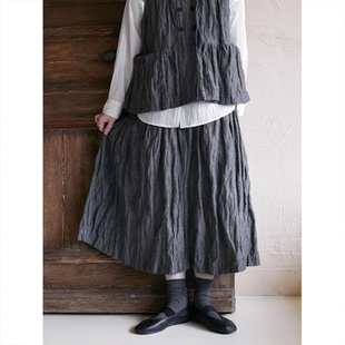 Seams Sense|文艺复古灰金属丝褶皱感高腰A字碎褶半身长裙01009