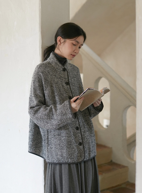 Seams Sense｜宽松文艺灯芯绒撞边花灰人字纹毛呢中长外套54002