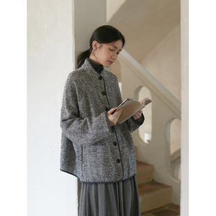 Seams Sense|宽松文艺灯芯绒撞边花灰人字纹毛呢中长外套54002