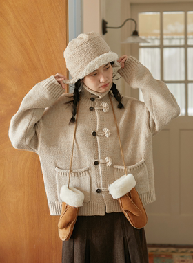 Seams Sense｜秋冬复古文艺通勤粗针高领手工绳袢短毛衣外套01034