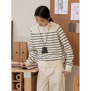 Seams Sense|通勤百搭纯棉亨利领黑白条纹针织连帽长袖衫17136