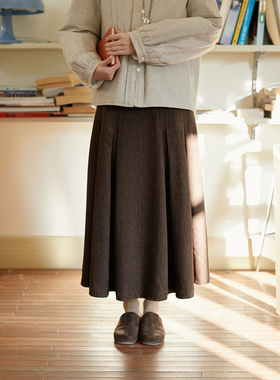 Seams Sense｜秋冬复古文艺牛仔风雪尼尔压褶A字大摆半身裙01032