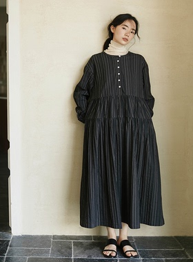 Seams Sense｜松弛文艺温柔感宽松色织条纹圆领蛋糕连衣长裙17123