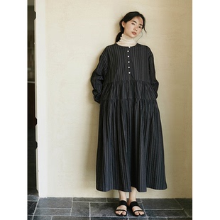 Seams Sense｜松弛文艺温柔感宽松色织条纹圆领蛋糕连衣长裙17123