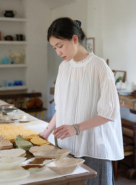 Seams Sense｜文艺微透真丝棉条纹圆领宽松短袖罩衫衬衫上衣17163