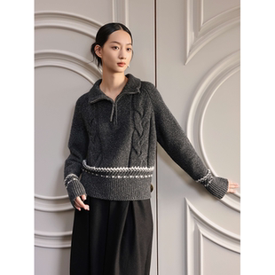 Seams Sense｜秋冬半开襟拉链翻领绞花麻花羊毛UPW花纱毛衣17075