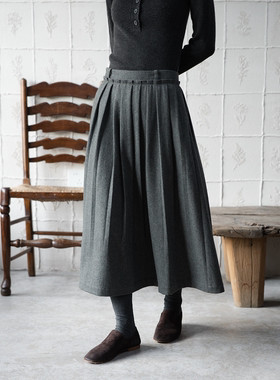 Seams Sense｜秋冬复古百搭双腰头压褶A字羊毛中长半身裙54001