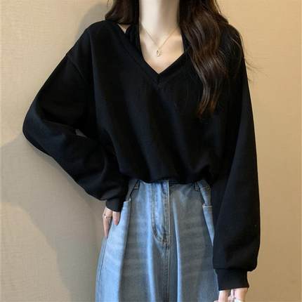 2023新款宽松V领打底衫女秋季大码长袖卫衣秋季胖MM遮肚显瘦上衣