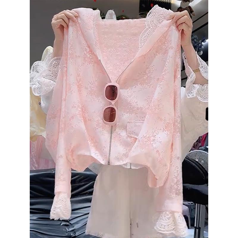设计感蕾丝连帽上衣短裤套装女2025夏季新款法式防晒衣外套两件套