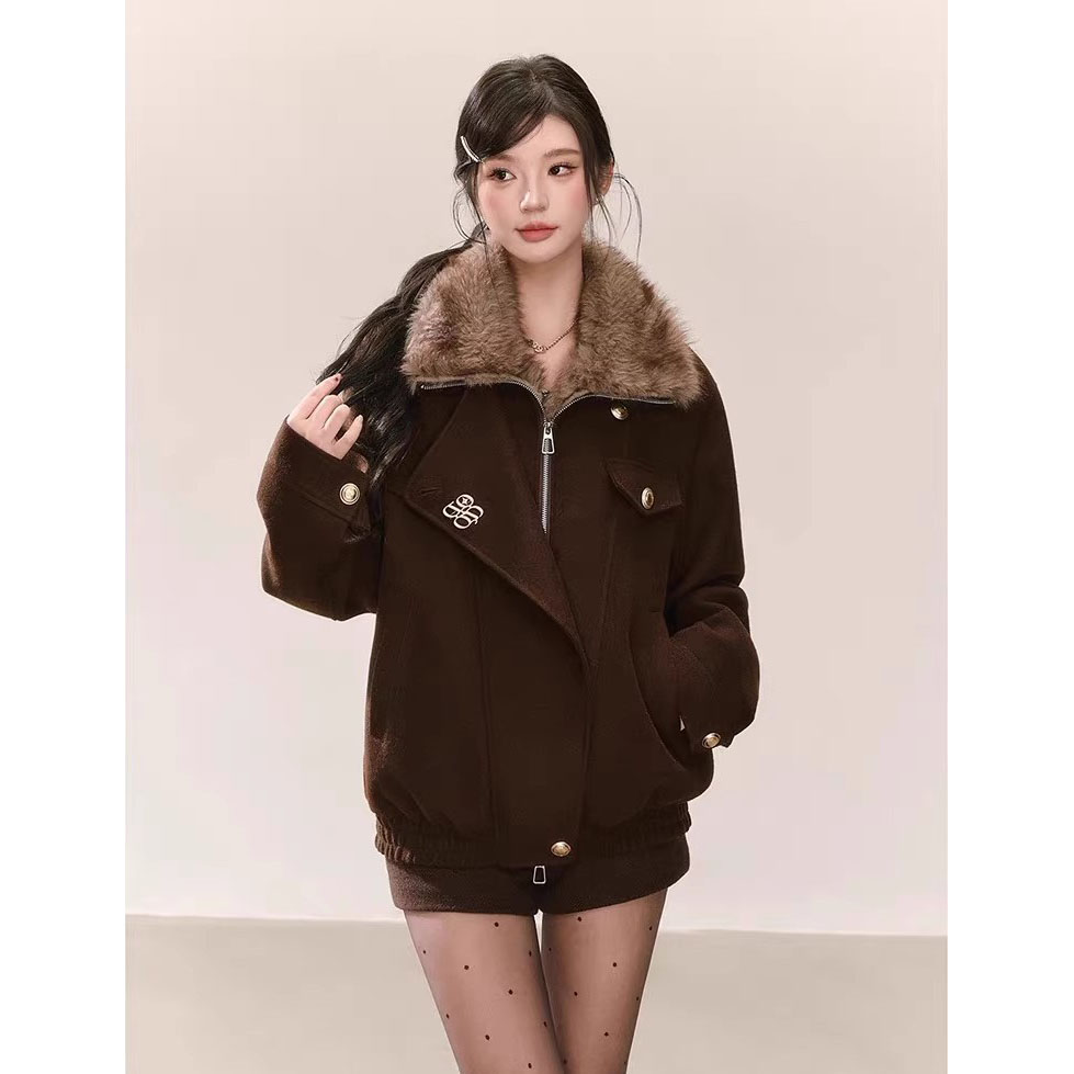 复古美拉德毛领咖色毛呢外套