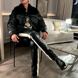 潮流帅气雅痞长裤 男生PU皮秋冬防水抗寒保暖直筒修身 机车条纹皮裤