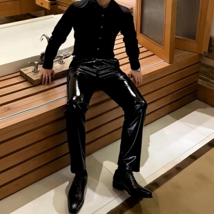 男士弹力修身显瘦塑型黑色PU亮皮长裤直筒雅痞性感潮流运动皮裤