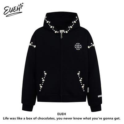 EUEH中性刺绣钉珠开衫连帽卫衣