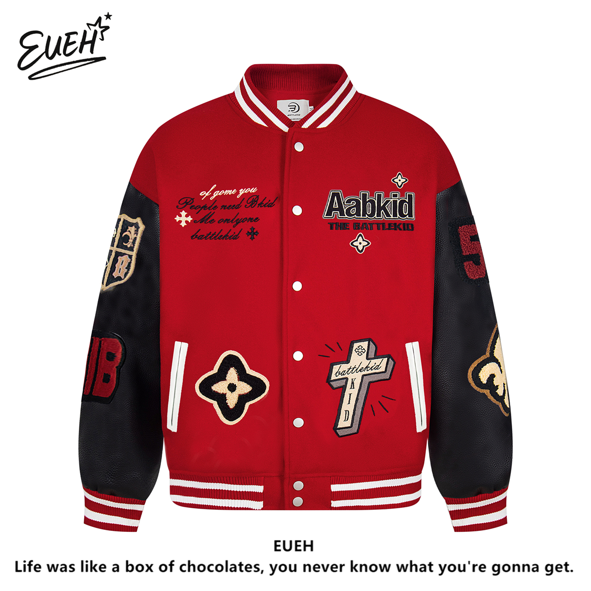 EUEH潮牌重磅撞色pu皮拼接棒球服