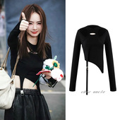 显瘦甜辣短款 戚薇同款 黑色不规则性感镂空T恤女设计感修身 上衣潮