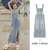 何超莲同款 蓝色工装 牛仔背带裙女秋减龄显瘦叠穿开叉吊带连衣裙子