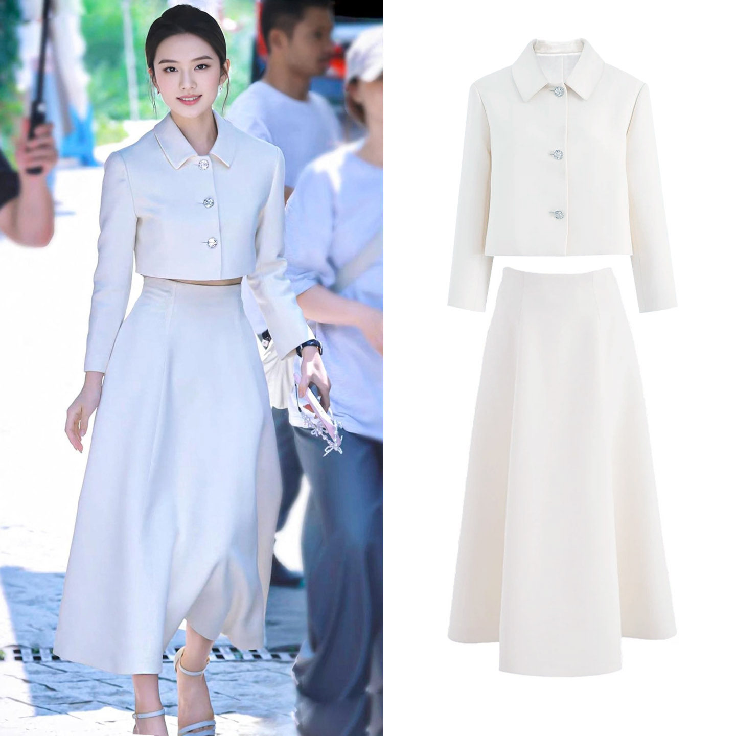 赵露思许妍同款小香风套装白色西装外套收腰a字半身裙子两件套女,女装/女士精品,时尚套装,淘宝优惠券,粉丝福利购,淘宝优惠卷