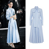 蓝色条纹蝴蝶结连衣裙女2026春气质收腰显瘦衬衫 周也同款 法式 长裙