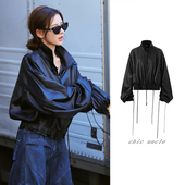 张予曦同款 黑色纹理皮衣短外套女秋冬新款 设计感复古立领抽绳夹克