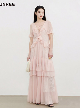 一枝南南易梦玲同款粉色连衣裙女法式荷叶边蛋糕裙超仙温柔风长裙