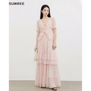 一枝南南易梦玲同款 荷叶边蛋糕裙超仙温柔风长裙 粉色连衣裙女法式