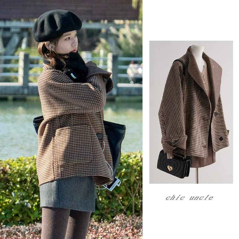 千鸟格格纹翻领氛围感毛呢外套女