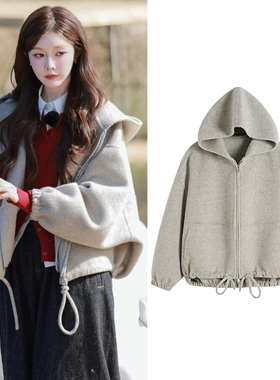 一枝南南同款灰色连帽卫衣女秋冬双面呢羊毛保暖加厚宽松毛呢外套