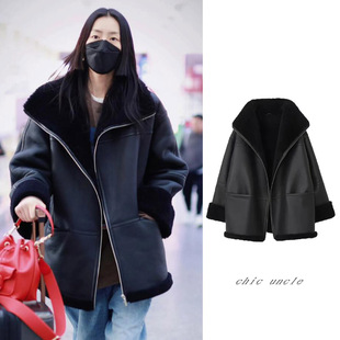 刘雯同款 皮衣夹克宽松保暖廓形皮草大衣 黑色皮毛一体外套女机车款