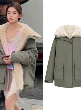 赵露思同款高级感军绿色羊羔毛绒派克服女冬季防风保暖冲锋衣外套
