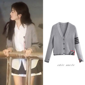 灰色V领针织开衫 女秋季 新款 白鹿同款 设计感小众气质长袖 外套上衣