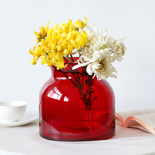 新年大红色玻璃花瓶宽口富贵竹水培花器新婚喜庆乔迁风水家居装饰