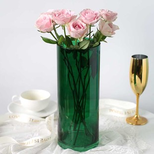 北欧绿色直筒玻璃花瓶大号富贵竹百合水养插花器客厅家居装饰摆件
