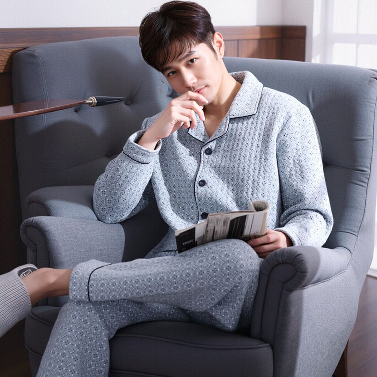 睡衣男纯棉长袖加厚夹层空气棉加肥加大码春秋冬季男款家居服套装