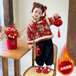 女童拜年服红色唐装套装冬季加棉加厚毛领盘扣新年装表演服两件套