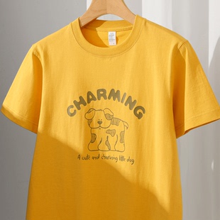 【卡通斑点狗印花】纯棉套头圆领短袖T恤 可爱姜黄简约上衣男女春