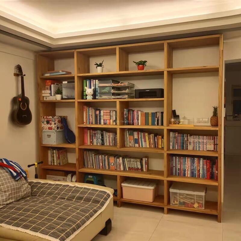 老榆木书架整面墙书柜实木书架格子架老榆木满墙书架落地置物架