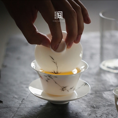 茶碗r功夫茶绘茶杯复古陶瓷手竹老师傅单个盖碗才墨三泡茶l